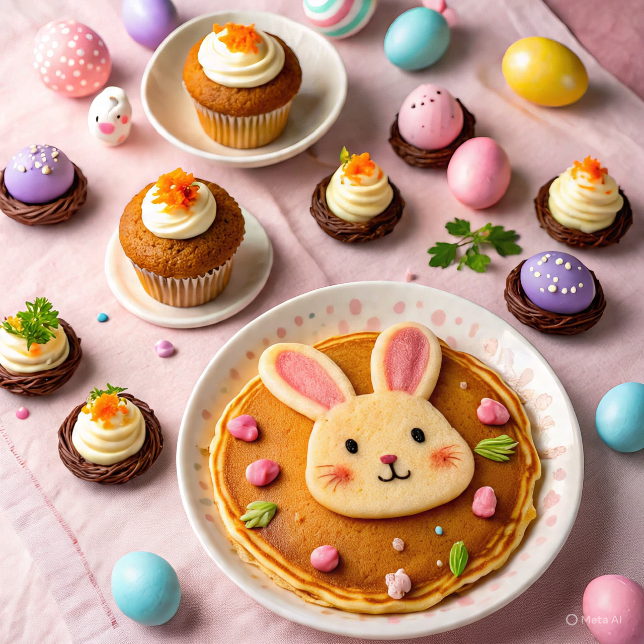 “Easy Easter recipes feature image with bunny pancakes, carrot cake muffins, deviled eggs, and chocolate nests on a pastel table”