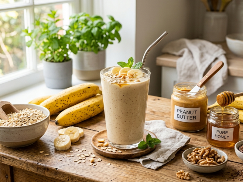 Easy breakfast smoothie for busy morning served in a glass with banana, oats, and peanut butter