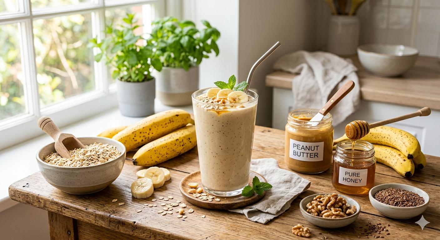 Easy breakfast smoothie for busy morning served in a glass with banana, oats, and peanut butter