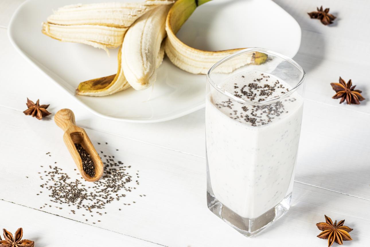 Nutritious chia seed power smoothie with berries, banana, yogurt, and chia seeds