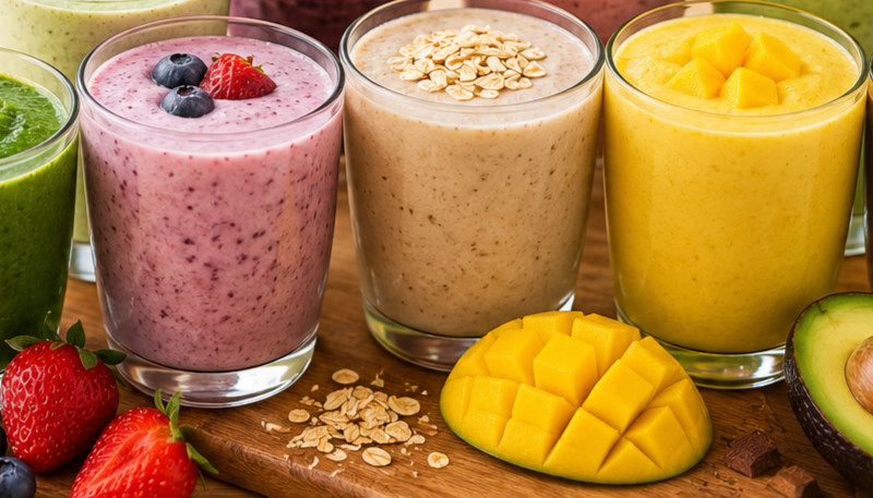 Healthy smoothie recipes for weight loss made with fresh fruits, vegetables, yogurt, and chia seeds