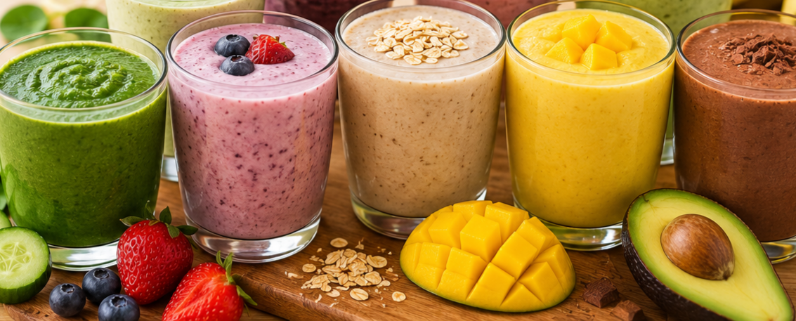 Healthy smoothie recipes for weight loss made with fresh fruits, vegetables, yogurt, and chia seeds