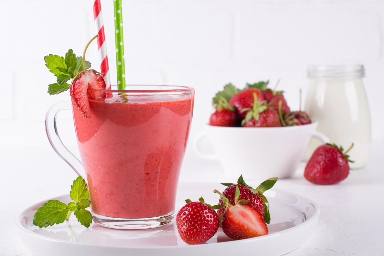 Strawberry yogurt smoothie with fresh strawberries, banana, and creamy yogurt
