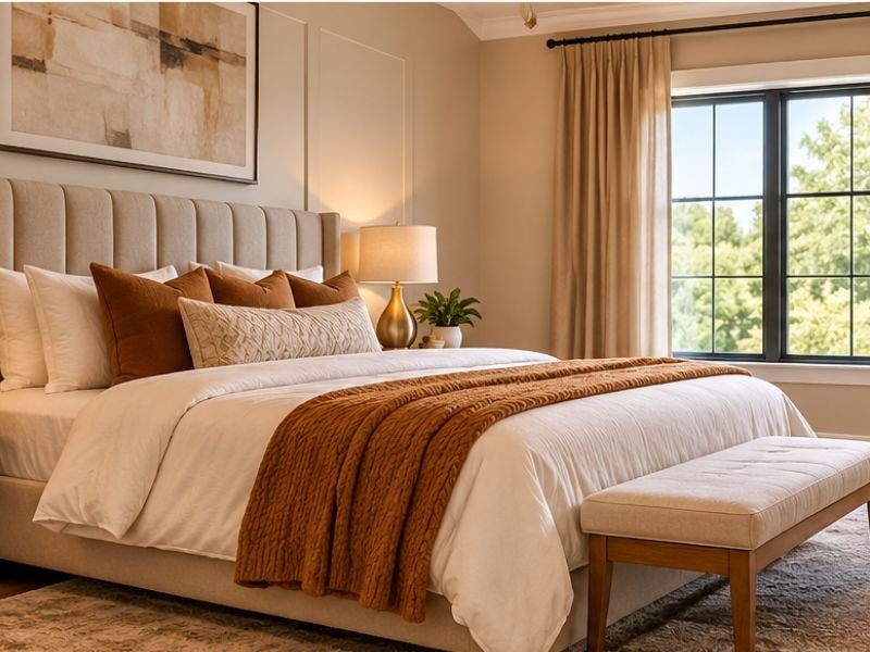 a room with bed, shite bed sheet