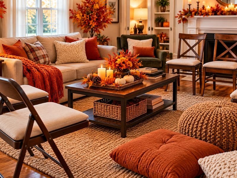Extra chairs arranged in a small living room for Thanksgiving guests