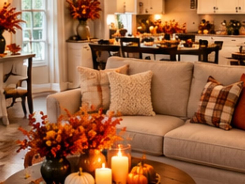 Thanksgiving gathering arranged across multiple rooms in a small home