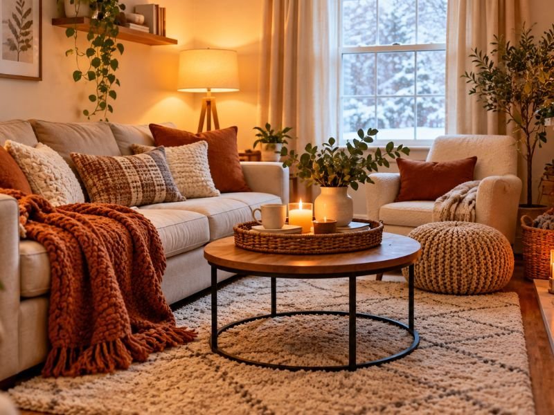 Cozy small living room with warm lighting, layered blankets, soft cushions, and a winter-inspired color