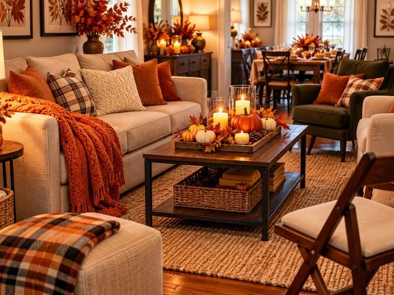 Small living room arranged for Thanksgiving guests