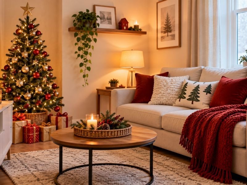 Small living room decorated for Christmas with a slim tree, warm lights, festive cushions, and a cozy sofa.