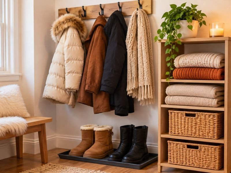 Organized small home with winter coats, storage baskets, folded blankets, and seasonal essentials.