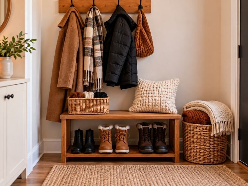 Organized small home with winter coats, storage baskets, folded blankets, and seasonal essentials.