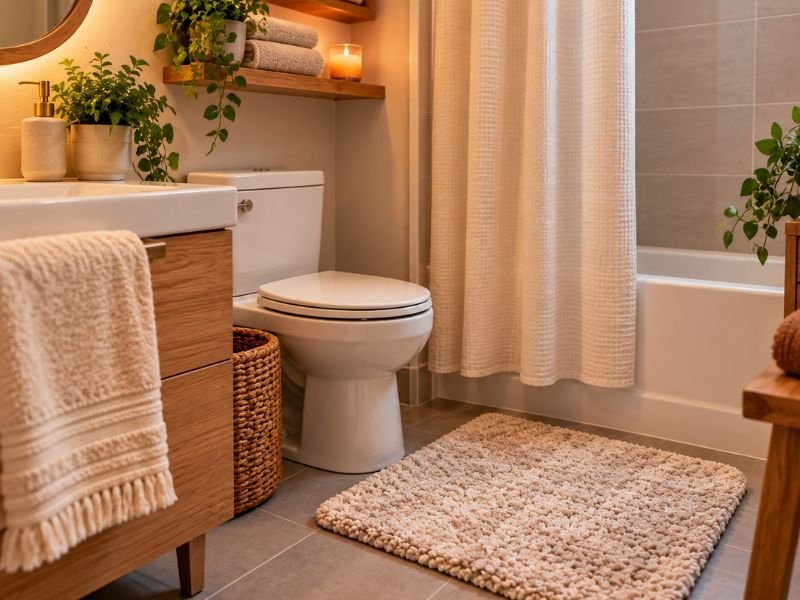 Cozy small bathroom with a plush bath mat, warm lighting, soft towels, and natural decor.
