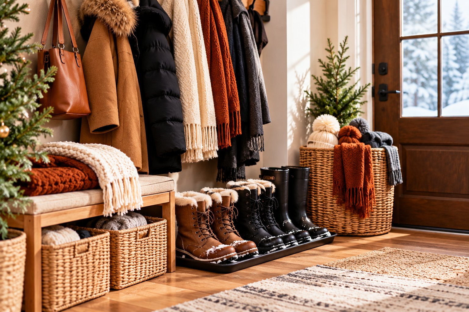 Small home with organized winter coats, boots, blankets, and storage baskets